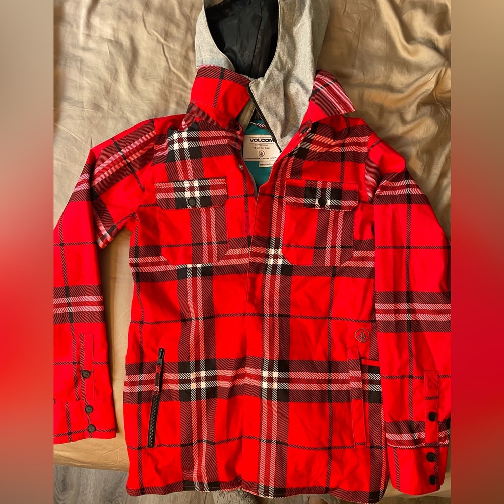 Volcom Women’s Snowboard Ski Snow Hooded Coat Red Black Flannel Small S
